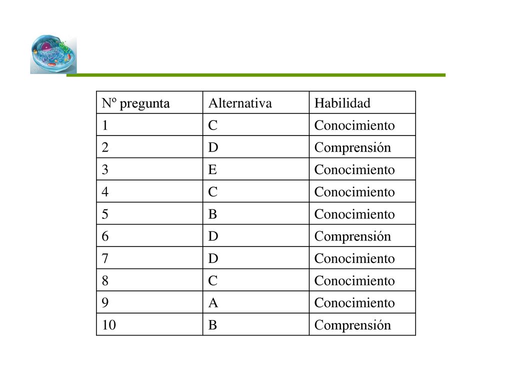 Nº pregunta Alternativa Habilidad 1 C Conocimiento 2 D Comprensión 3 E 4 5 B A 10