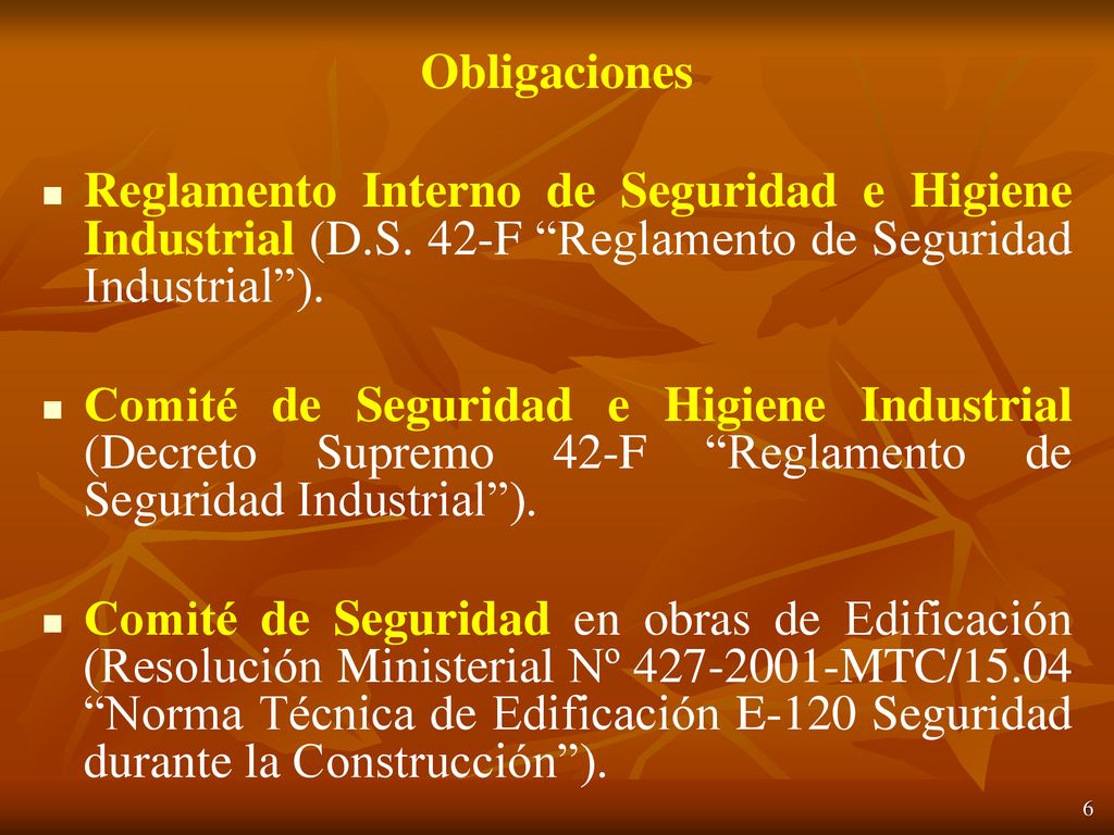 Obligaciones Reglamento Interno de Seguridad e Higiene Industrial (D.S. 42-F Reglamento de Seguridad Industrial ).