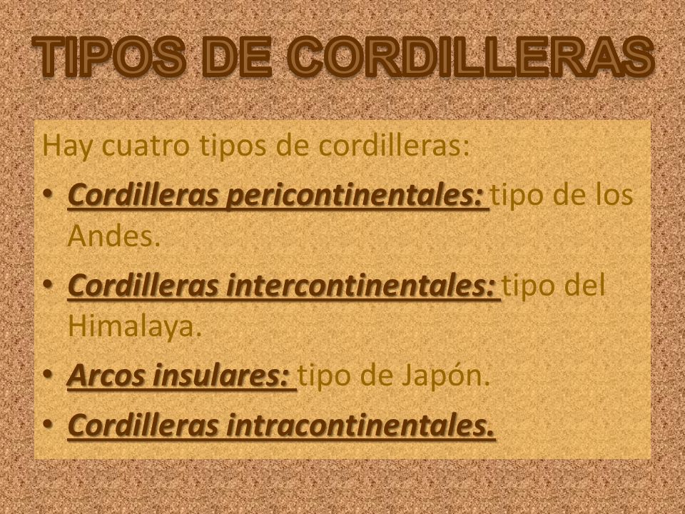TIPOS DE CORDILLERAS Hay cuatro tipos de cordilleras: