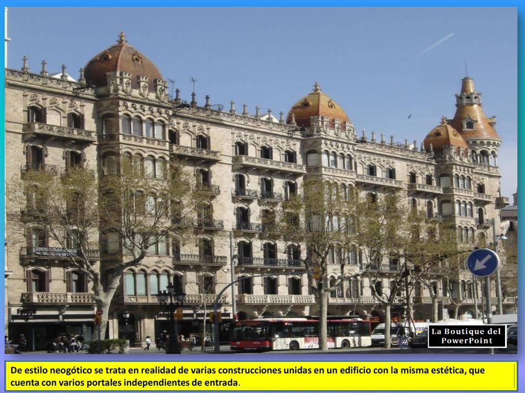 De estilo neogótico se trata en realidad de varias construcciones unidas en un edificio con la misma estética, que cuenta con varios portales independientes de entrada.