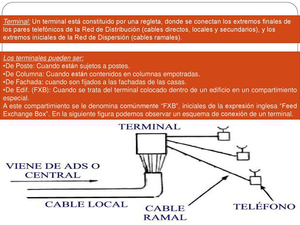 Terminal: Un terminal está constituido por una regleta, donde se conectan los extremos finales de los pares telefónicos de la Red de Distribución (cables directos, locales y secundarios), y los extremos iníciales de la Red de Dispersión (cables ramales).