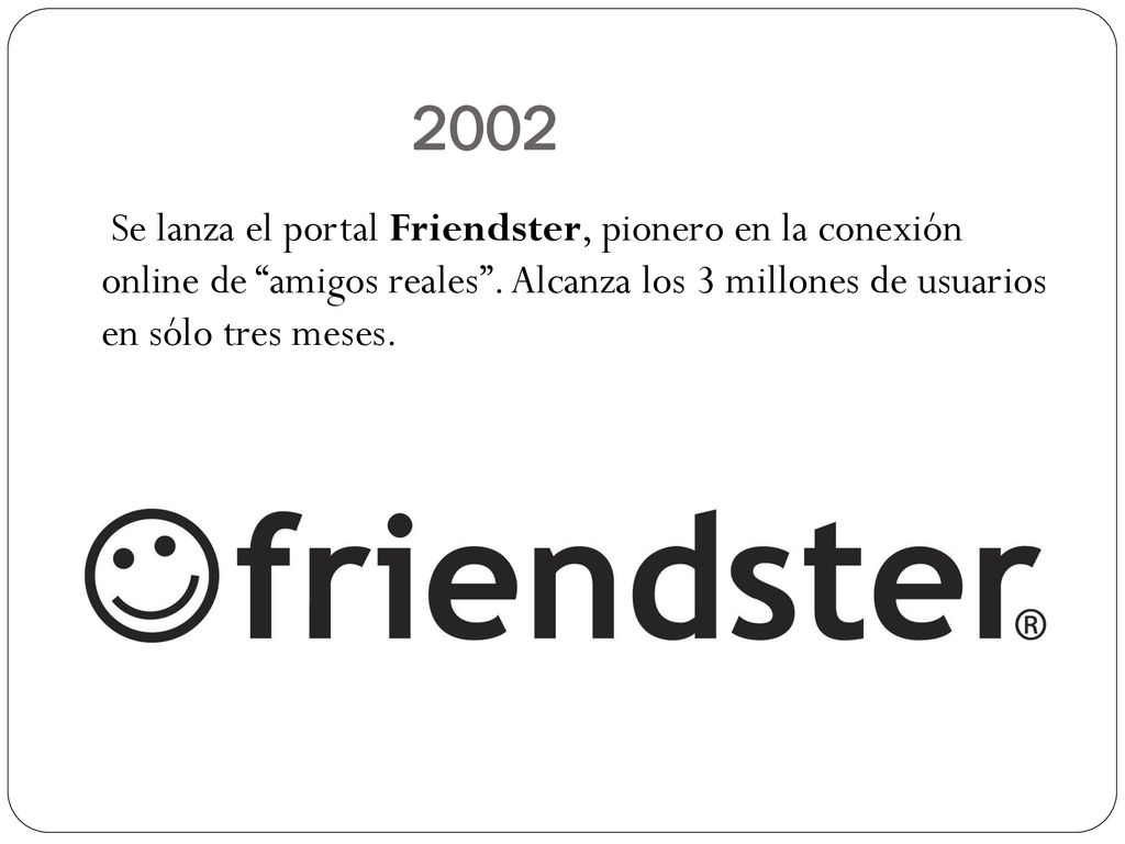 2002 Se lanza el portal Friendster, pionero en la conexión online de amigos reales .