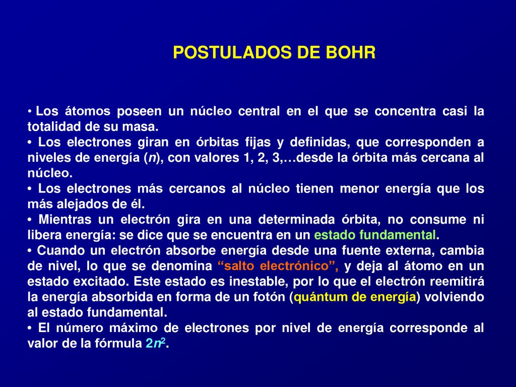 POSTULADOS DE BOHR Los átomos poseen un núcleo central en el que se concentra casi la totalidad de su masa.