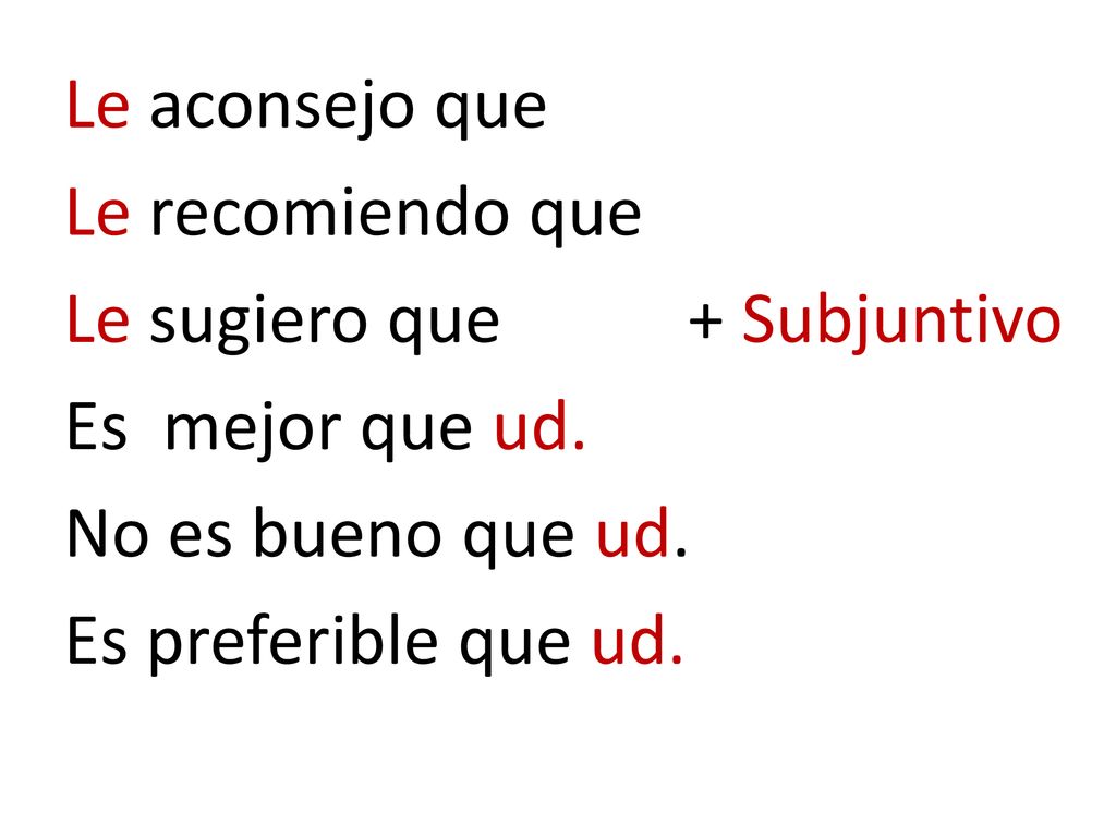 Le aconsejo que Le recomiendo que Le sugiero que + Subjuntivo Es mejor que ud.