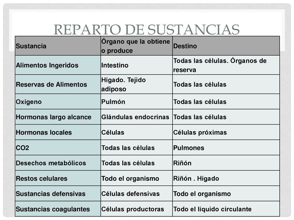 Reparto de sustancias Sustancia Órgano que la obtiene o produce