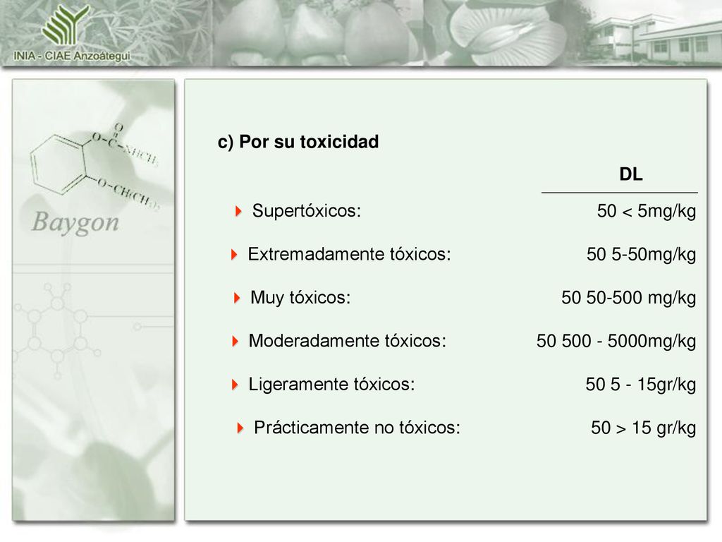 c) Por su toxicidad DL.  Supertóxicos: 50 < 5mg/kg.