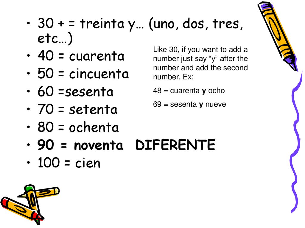 30 + = treinta y… (uno, dos, tres, etc…) 40 = cuarenta 50 = cincuenta