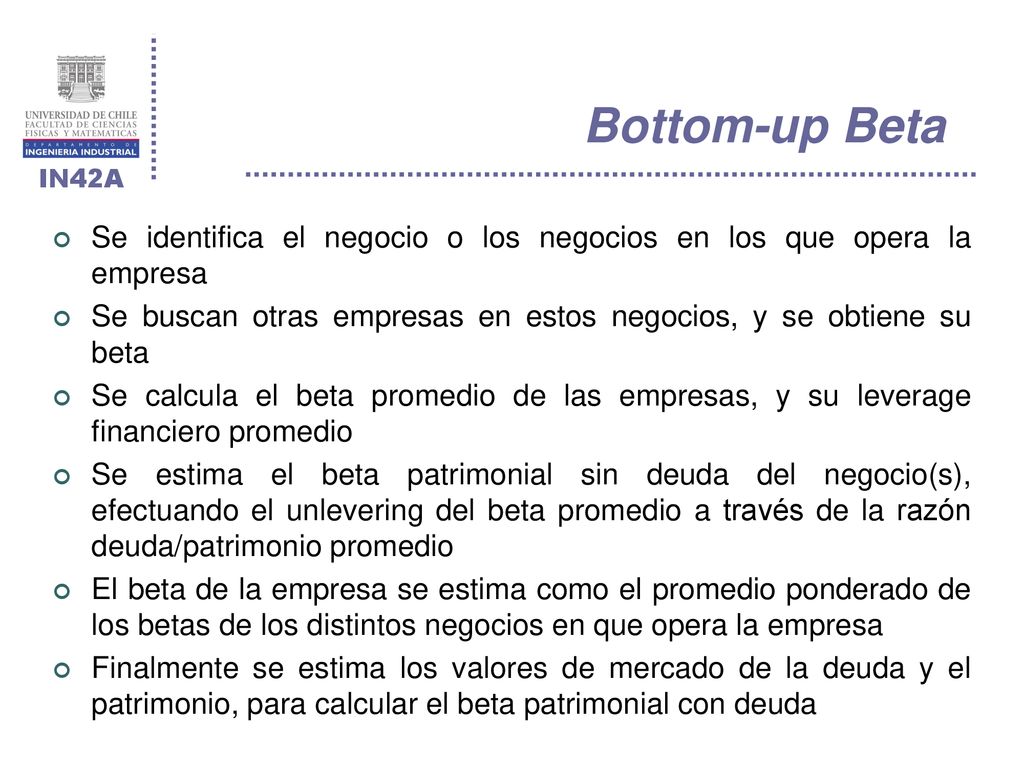 Bottom-up Beta Se identifica el negocio o los negocios en los que opera la empresa. Se buscan otras empresas en estos negocios, y se obtiene su beta.
