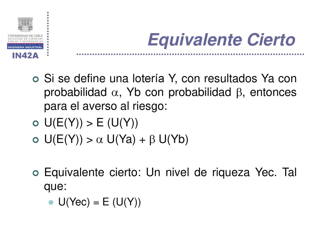Equivalente Cierto Si se define una lotería Y, con resultados Ya con probabilidad , Yb con probabilidad , entonces para el averso al riesgo: