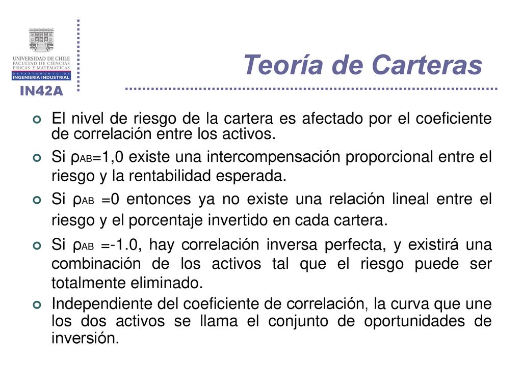 Teoría de Carteras El nivel de riesgo de la cartera es afectado por el coeficiente de correlación entre los activos.