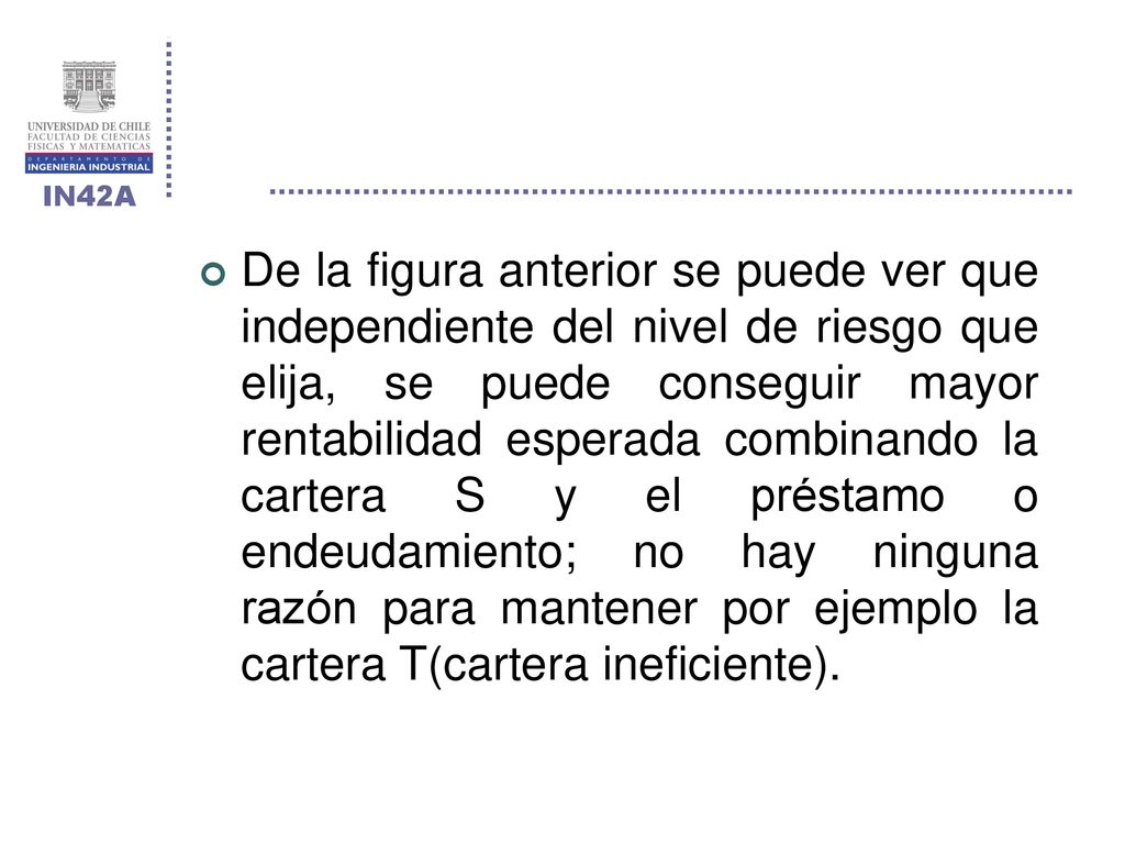 De la figura anterior se puede ver que independiente del nivel de riesgo que elija, se puede conseguir mayor rentabilidad esperada combinando la cartera S y el préstamo o endeudamiento; no hay ninguna razón para mantener por ejemplo la cartera T(cartera ineficiente).