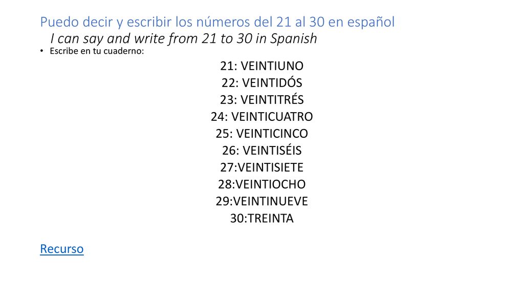 Puedo decir y escribir los números del 21 al 30 en español I can say and write from 21 to 30 in Spanish