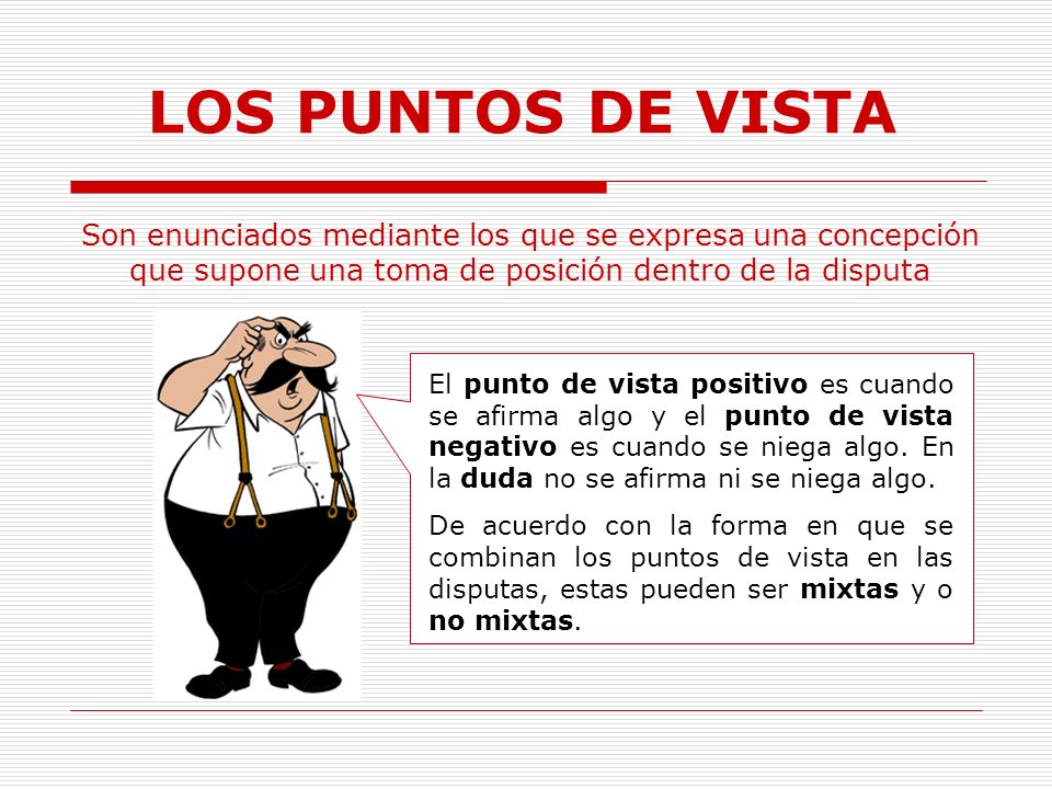 LOS PUNTOS DE VISTA Son enunciados mediante los que se expresa una concepción que supone una toma de posición dentro de la disputa.