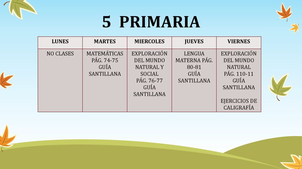 5 PRIMARIA LUNES MARTES MIERCOLES JUEVES VIERNES NO CLASES MATEMÁTICAS