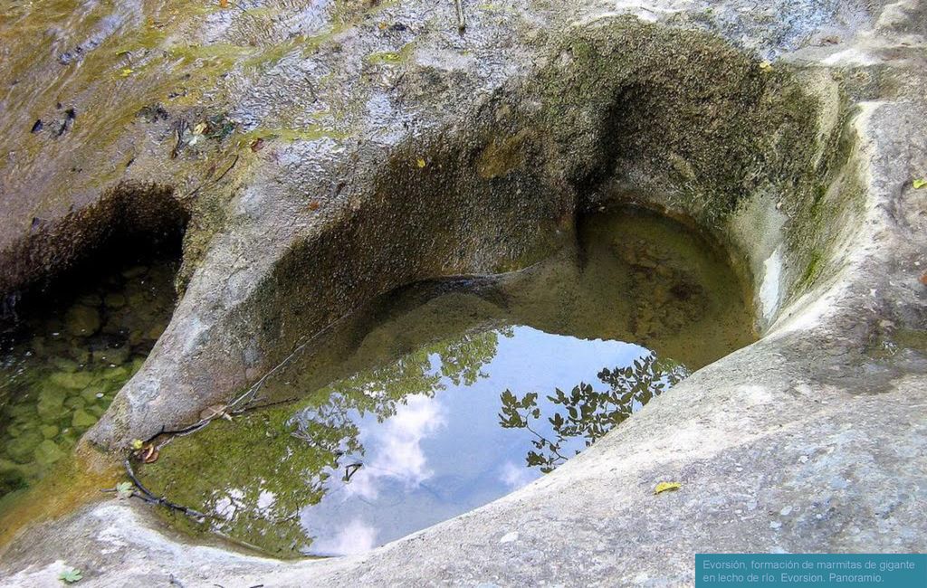 Evorsión, formación de marmitas de gigante en lecho de río. Evorsion