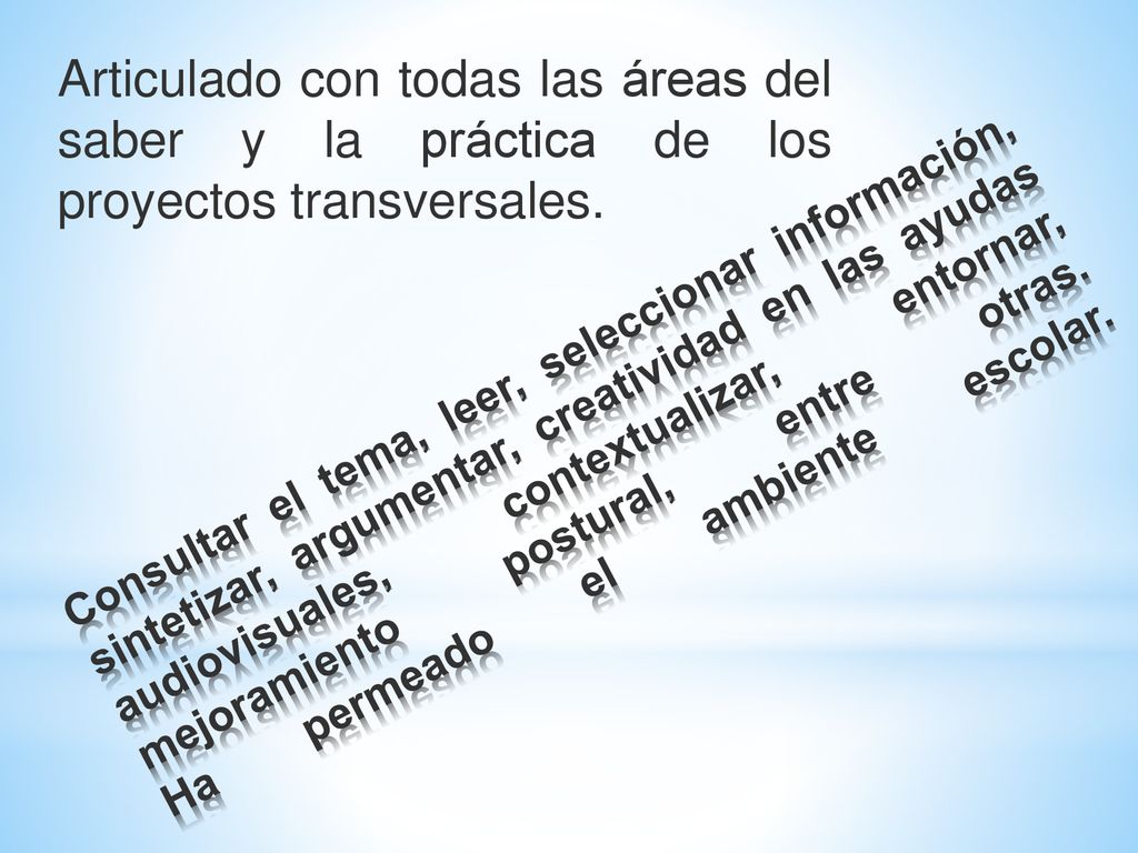 Articulado con todas las áreas del saber y la práctica de los proyectos transversales.