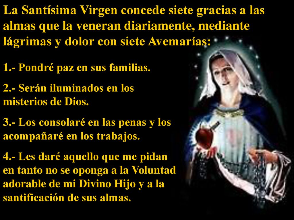 La Santísima Virgen concede siete gracias a las almas que la veneran diariamente, mediante lágrimas y dolor con siete Avemarías: