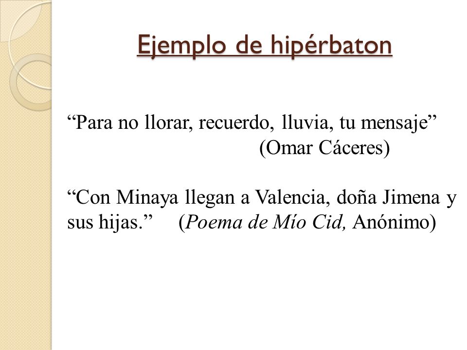Ejemplo de hipérbaton Para no llorar, recuerdo, lluvia, tu mensaje