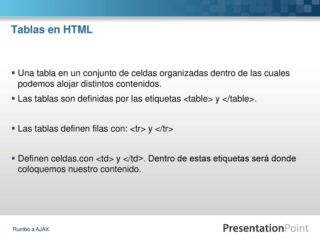 Tablas en HTML Una tabla en un conjunto de celdas organizadas dentro de las cuales podemos alojar distintos contenidos.