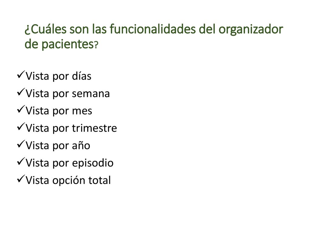 ¿Cuáles son las funcionalidades del organizador de pacientes