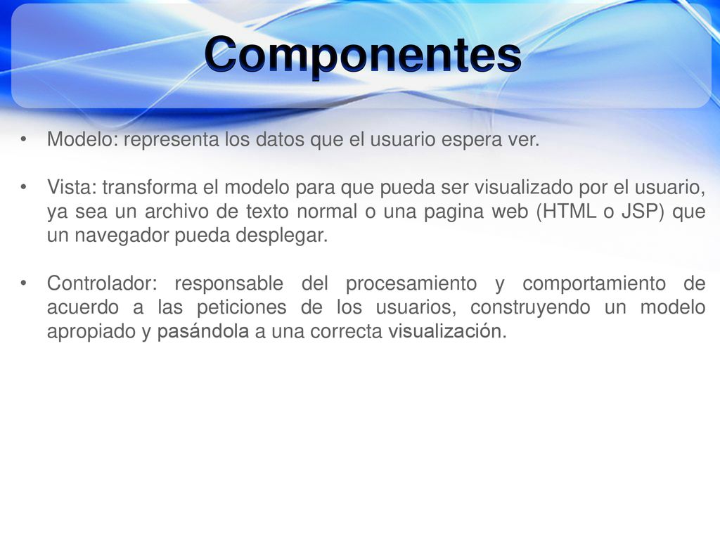 Componentes Modelo: representa los datos que el usuario espera ver.