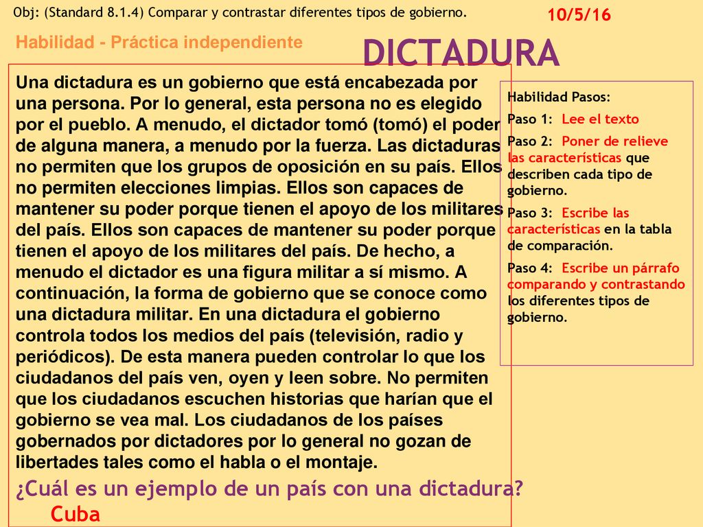 DICTADURA ¿Cuál es un ejemplo de un país con una dictadura Cuba