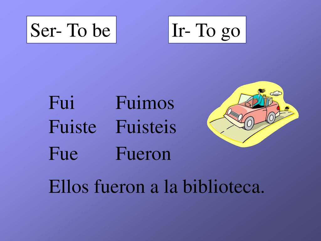 Ser- To be Ir- To go Fui Fuimos Fuiste Fuisteis Fue Fueron Ellos fueron a la biblioteca.