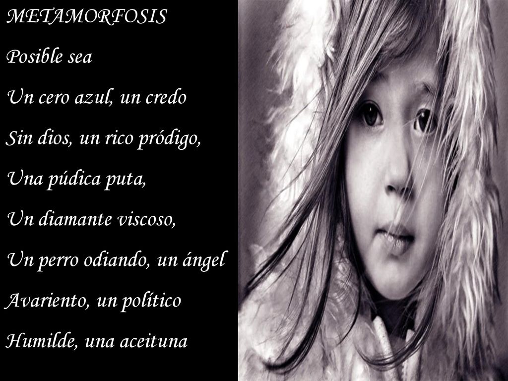 METAMORFOSIS Posible sea. Un cero azul, un credo. Sin dios, un rico pródigo, Una púdica puta, Un diamante viscoso,