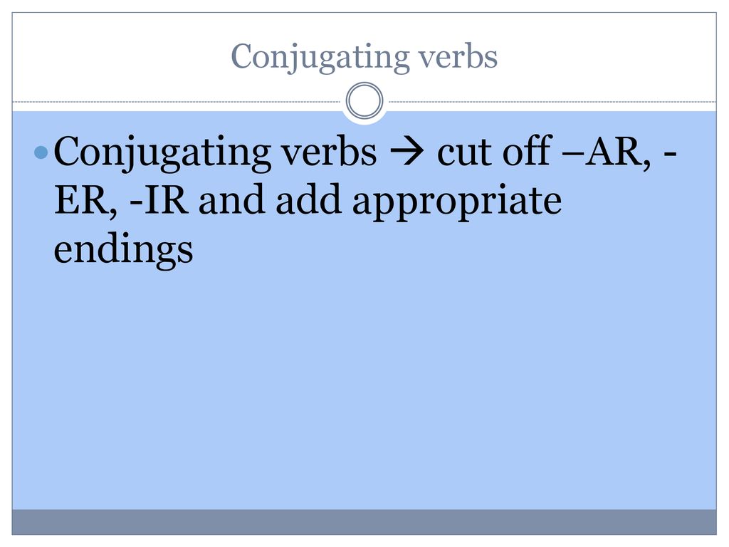 Conjugating verbs  cut off –AR, -ER, -IR and add appropriate endings