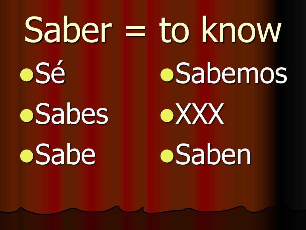 Saber = to know Sé Sabes Sabe Sabemos XXX Saben