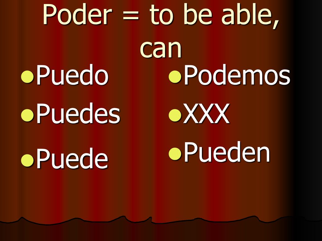 Poder = to be able, can Puedo Puedes Puede Podemos XXX Pueden