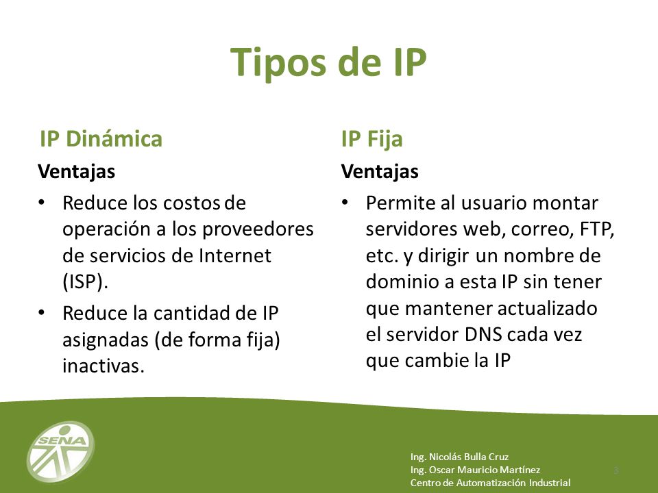 Tipos de IP IP Dinámica IP Fija Ventajas