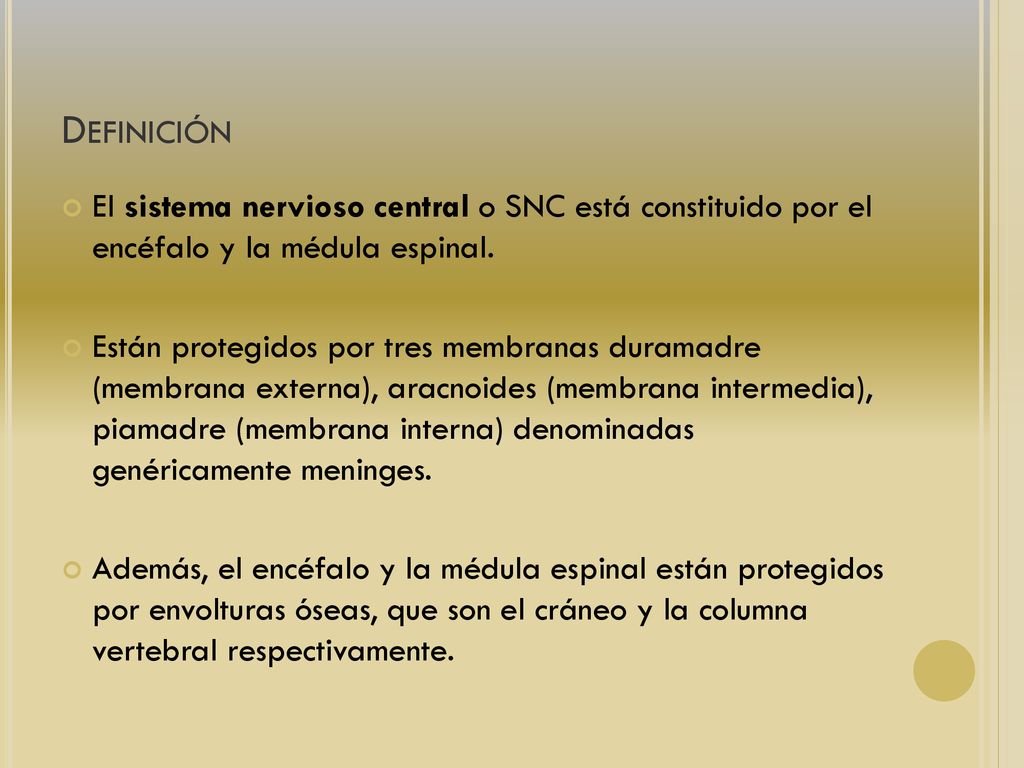 Definición El sistema nervioso central o SNC está constituido por el encéfalo y la médula espinal.