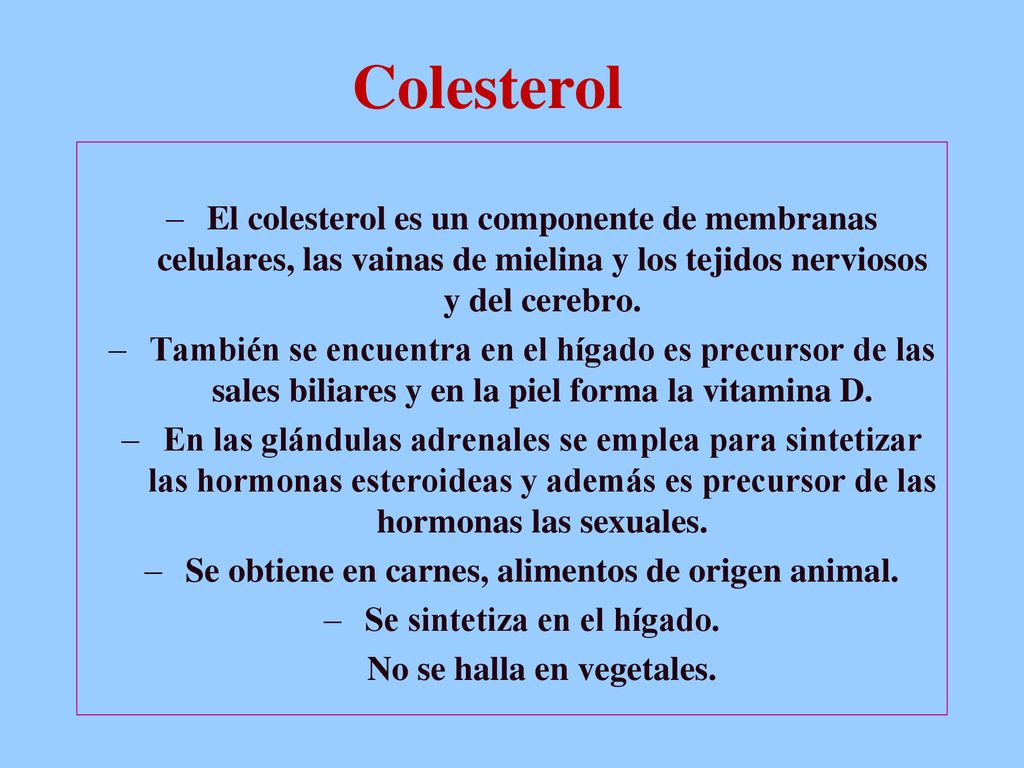 Colesterol El colesterol es un componente de membranas celulares, las vainas de mielina y los tejidos nerviosos y del cerebro.