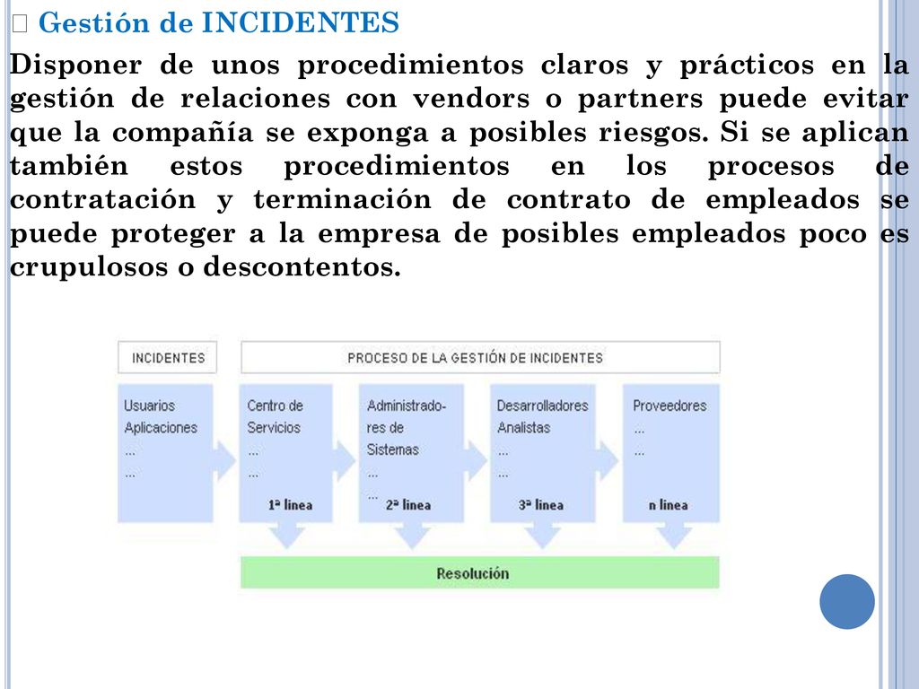  Gestión de INCIDENTES Disponer de unos procedimientos claros y prácticos en la gestión de relaciones con vendors o partners puede evitar que la compañía se exponga a posibles riesgos.