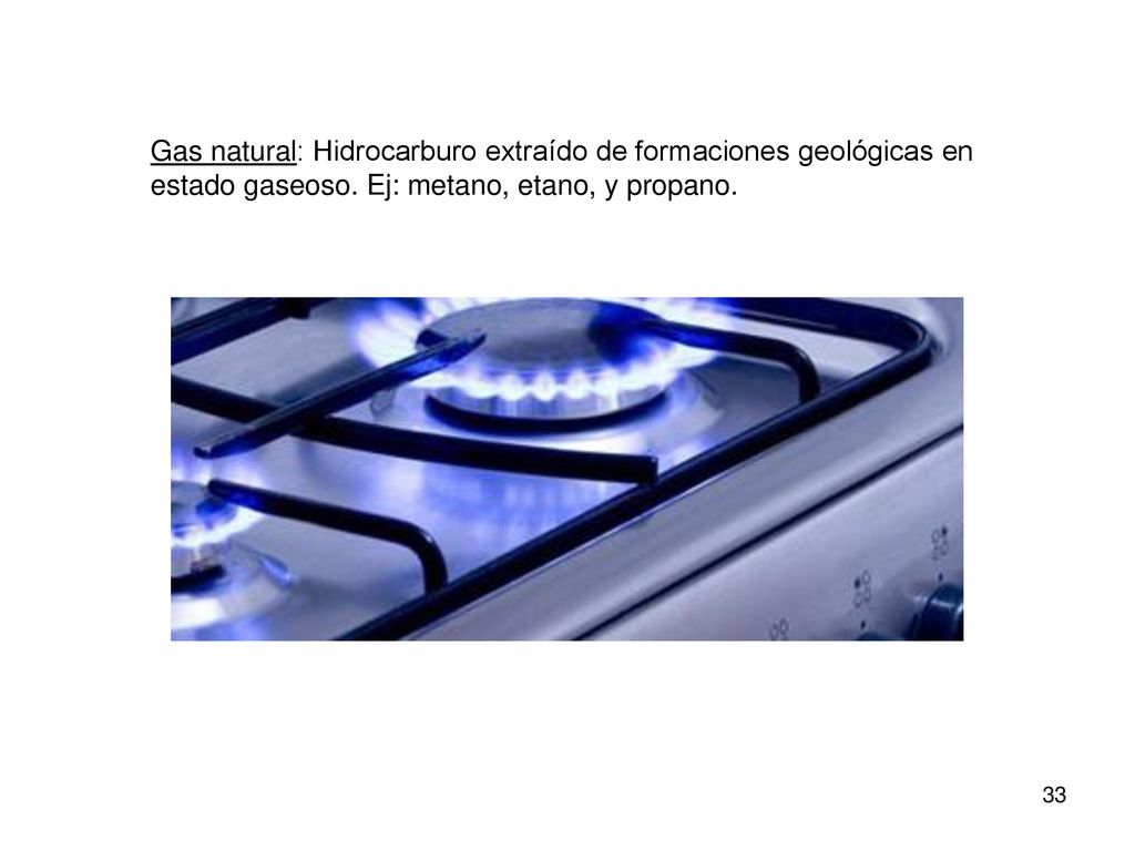 Gas natural: Hidrocarburo extraído de formaciones geológicas en estado gaseoso.