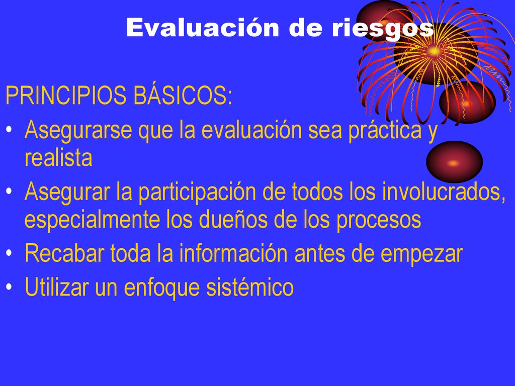 Evaluación de riesgos PRINCIPIOS BÁSICOS: Asegurarse que la evaluación sea práctica y realista.
