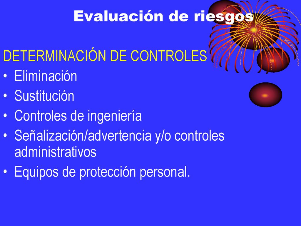 Evaluación de riesgos DETERMINACIÓN DE CONTROLES. Eliminación. Sustitución. Controles de ingeniería.