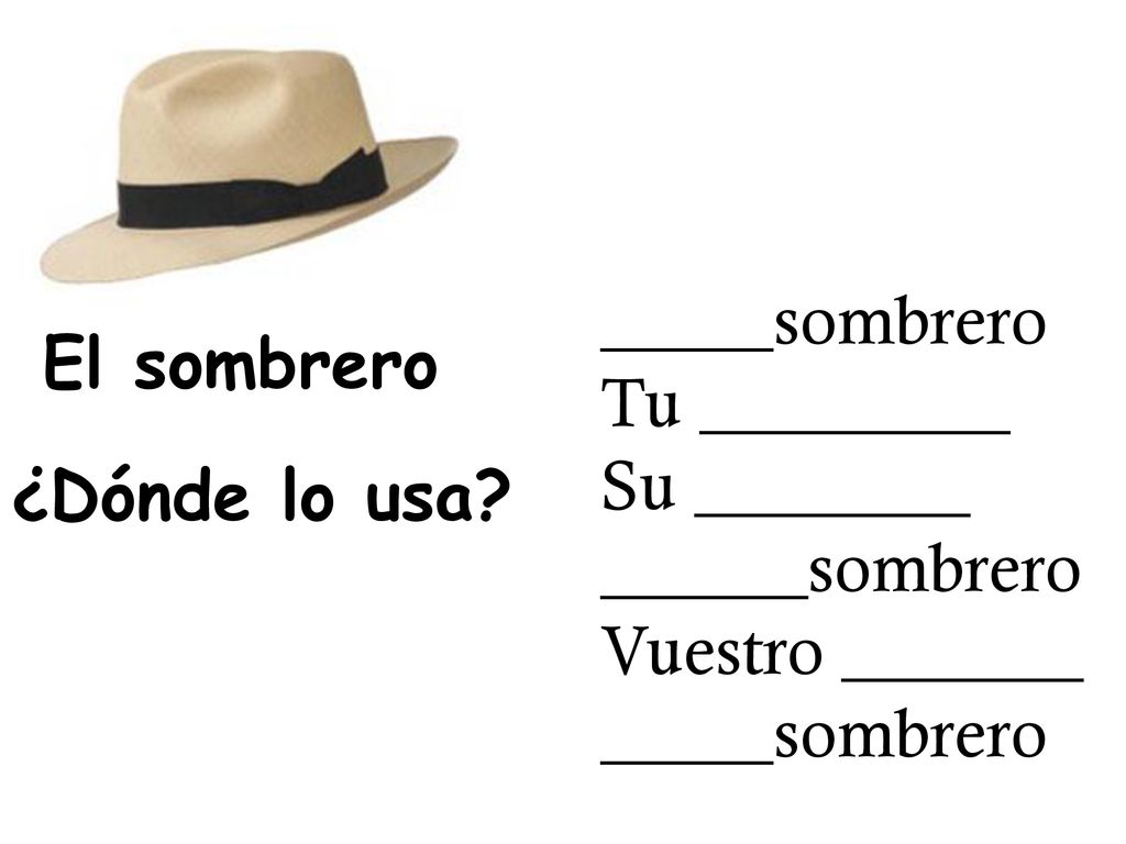 _____sombrero Tu _________ Su ________ ______sombrero Vuestro _______ El sombrero ¿Dónde lo usa