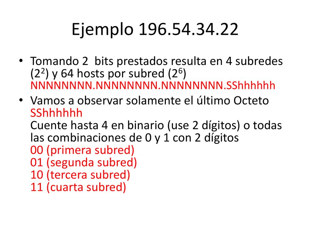 Ejemplo Tomando 2 bits prestados resulta en 4 subredes (22) y 64 hosts por subred (26) NNNNNNNN.NNNNNNNN.NNNNNNNN.SShhhhhh.