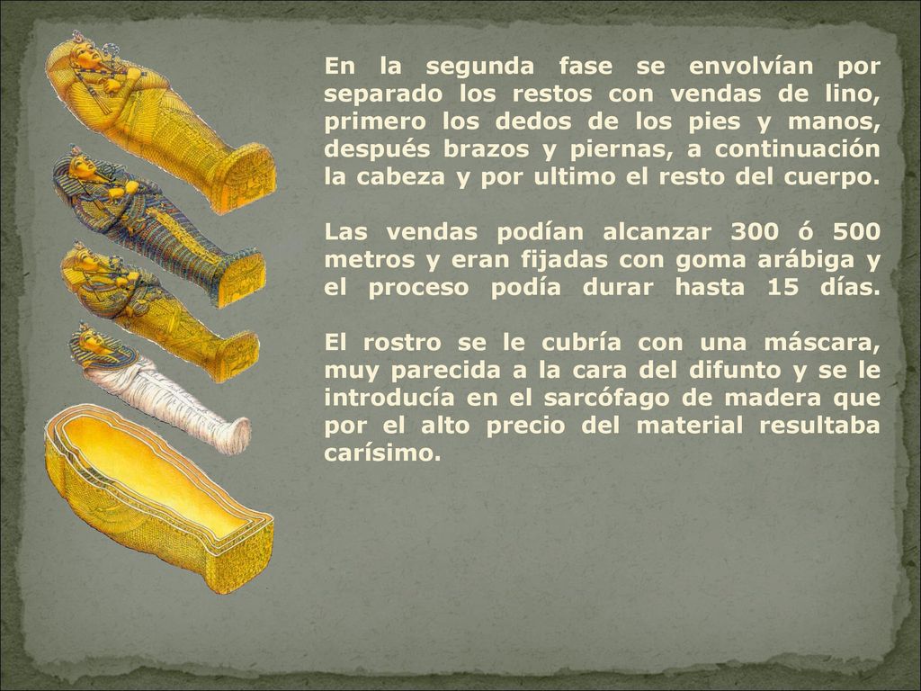 En la segunda fase se envolvían por separado los restos con vendas de lino, primero los dedos de los pies y manos, después brazos y piernas, a continuación la cabeza y por ultimo el resto del cuerpo.