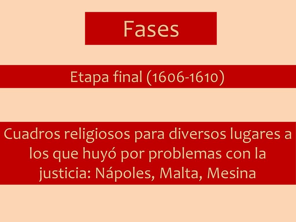 Fases Etapa final ( ) Cuadros religiosos para diversos lugares a los que huyó por problemas con la justicia: Nápoles, Malta, Mesina.
