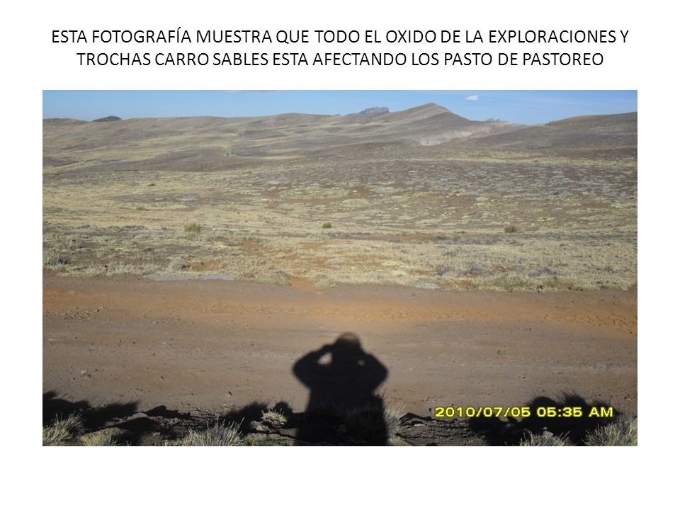 ESTA FOTOGRAFÍA MUESTRA QUE TODO EL OXIDO DE LA EXPLORACIONES Y TROCHAS CARRO SABLES ESTA AFECTANDO LOS PASTO DE PASTOREO