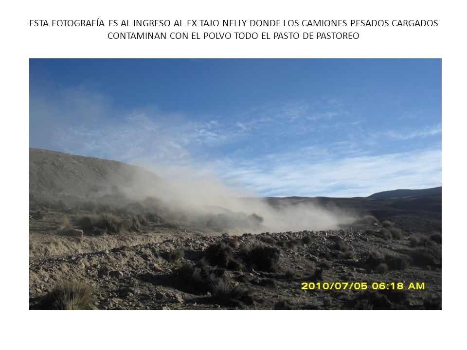 ESTA FOTOGRAFÍA ES AL INGRESO AL EX TAJO NELLY DONDE LOS CAMIONES PESADOS CARGADOS CONTAMINAN CON EL POLVO TODO EL PASTO DE PASTOREO