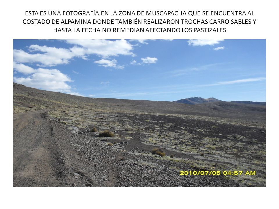 ESTA ES UNA FOTOGRAFÍA EN LA ZONA DE MUSCAPACHA QUE SE ENCUENTRA AL COSTADO DE ALPAMINA DONDE TAMBIÉN REALIZARON TROCHAS CARRO SABLES Y HASTA LA FECHA NO REMEDIAN AFECTANDO LOS PASTIZALES
