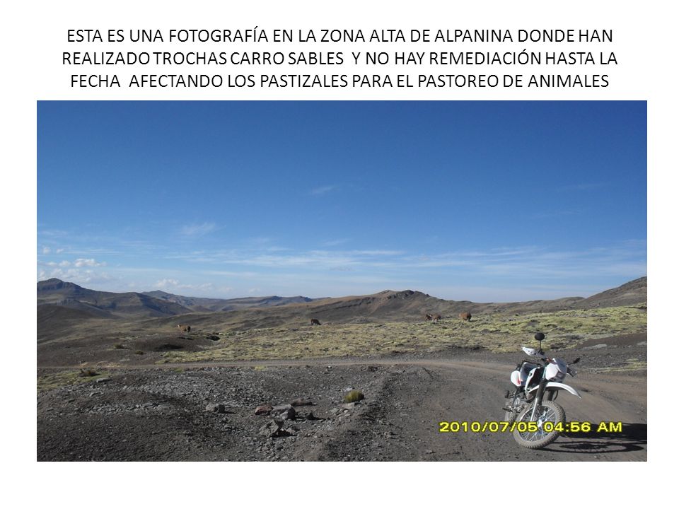 ESTA ES UNA FOTOGRAFÍA EN LA ZONA ALTA DE ALPANINA DONDE HAN REALIZADO TROCHAS CARRO SABLES Y NO HAY REMEDIACIÓN HASTA LA FECHA AFECTANDO LOS PASTIZALES PARA EL PASTOREO DE ANIMALES