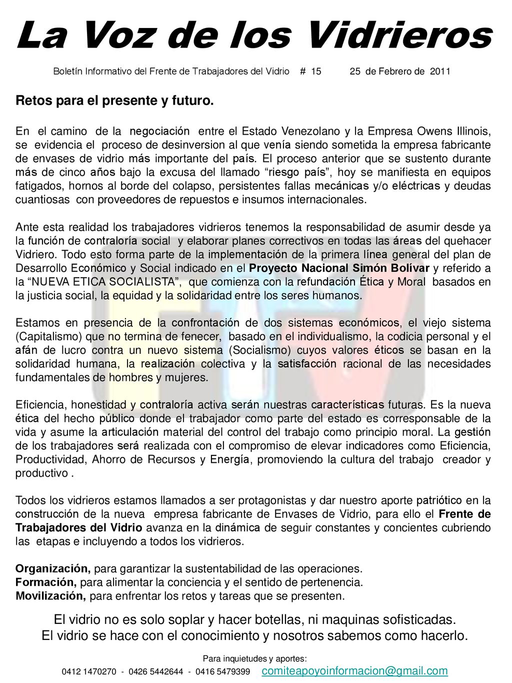La Voz de los Vidrieros Retos para el presente y futuro.