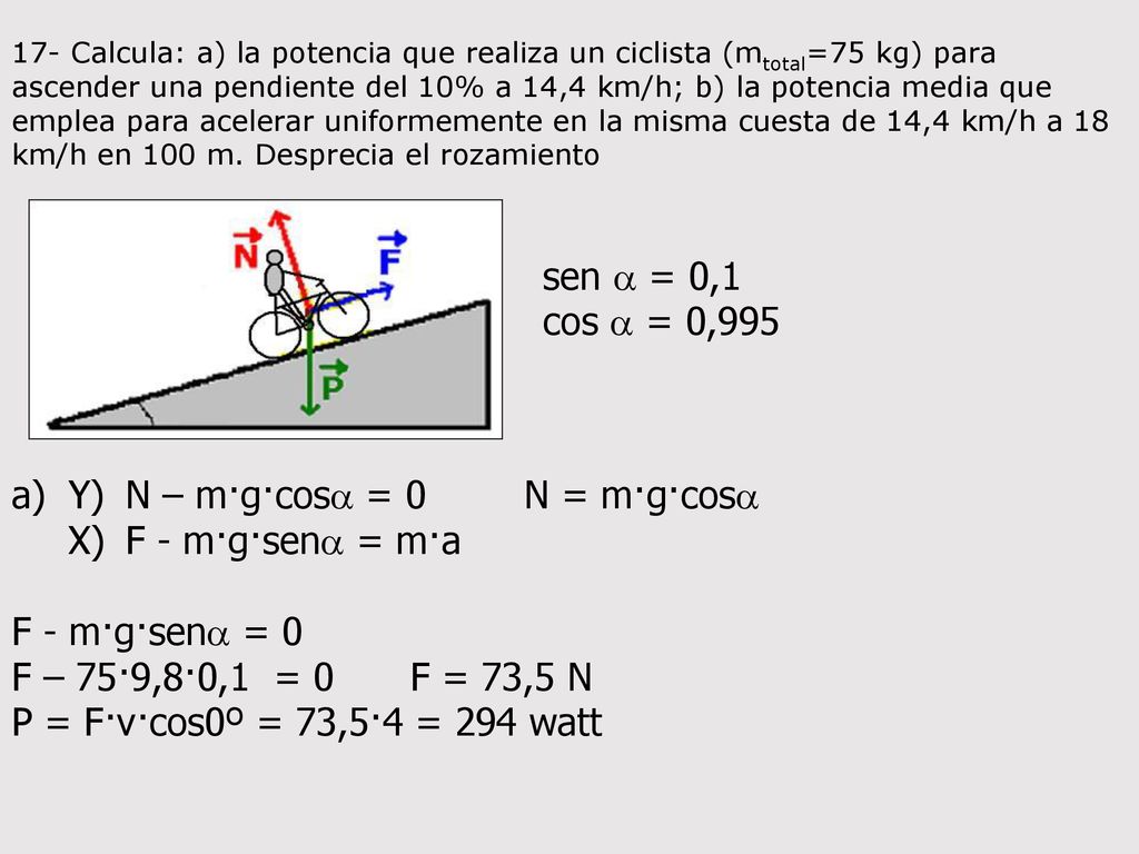 a) Y) N – m·g·cosa = 0 N = m·g·cosa X) F - m·g·sena = m·a