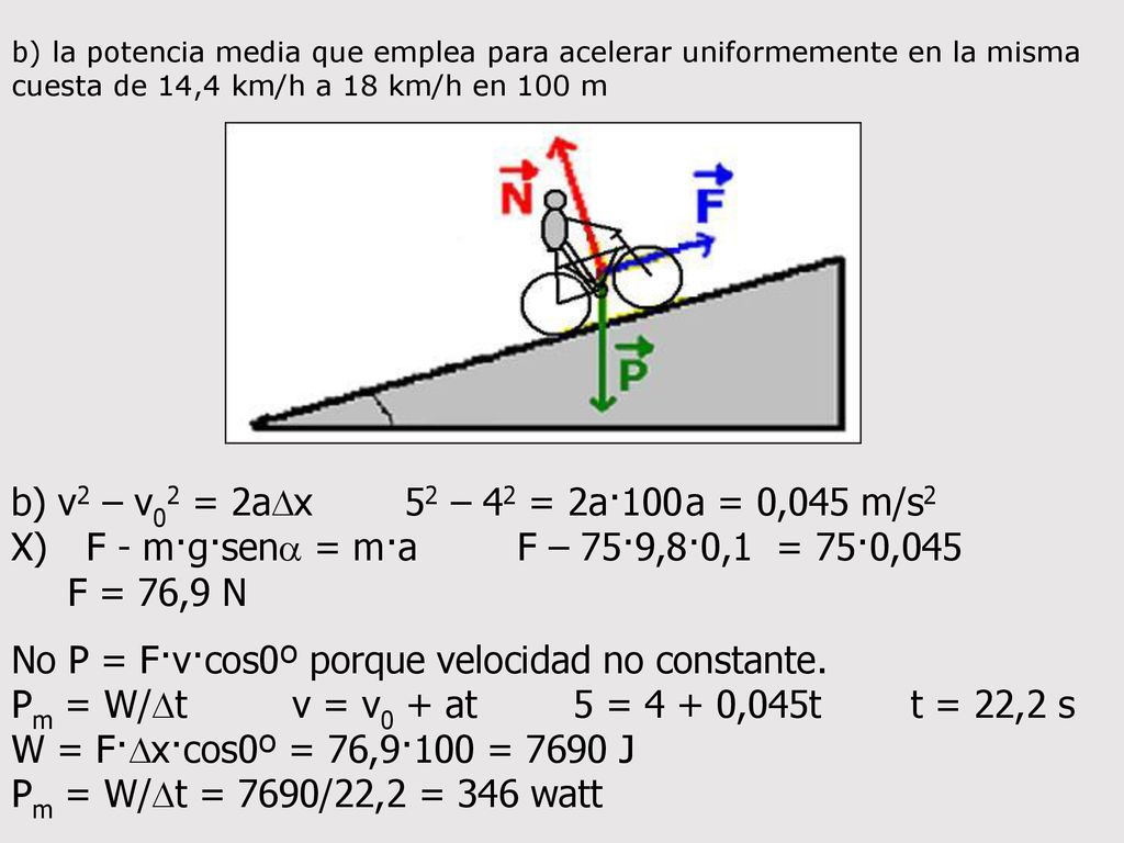 F - m·g·sena = m·a F – 75·9,8·0,1 = 75·0,045 F = 76,9 N