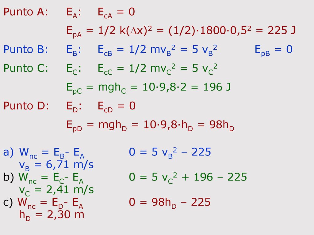 Punto A: EA: EcA = 0 EpA = 1/2 k(Dx)2 = (1/2)·1800·0,52 = 225 J. Punto B: EB: EcB = 1/2 mvB2 = 5 vB2 EpB = 0.